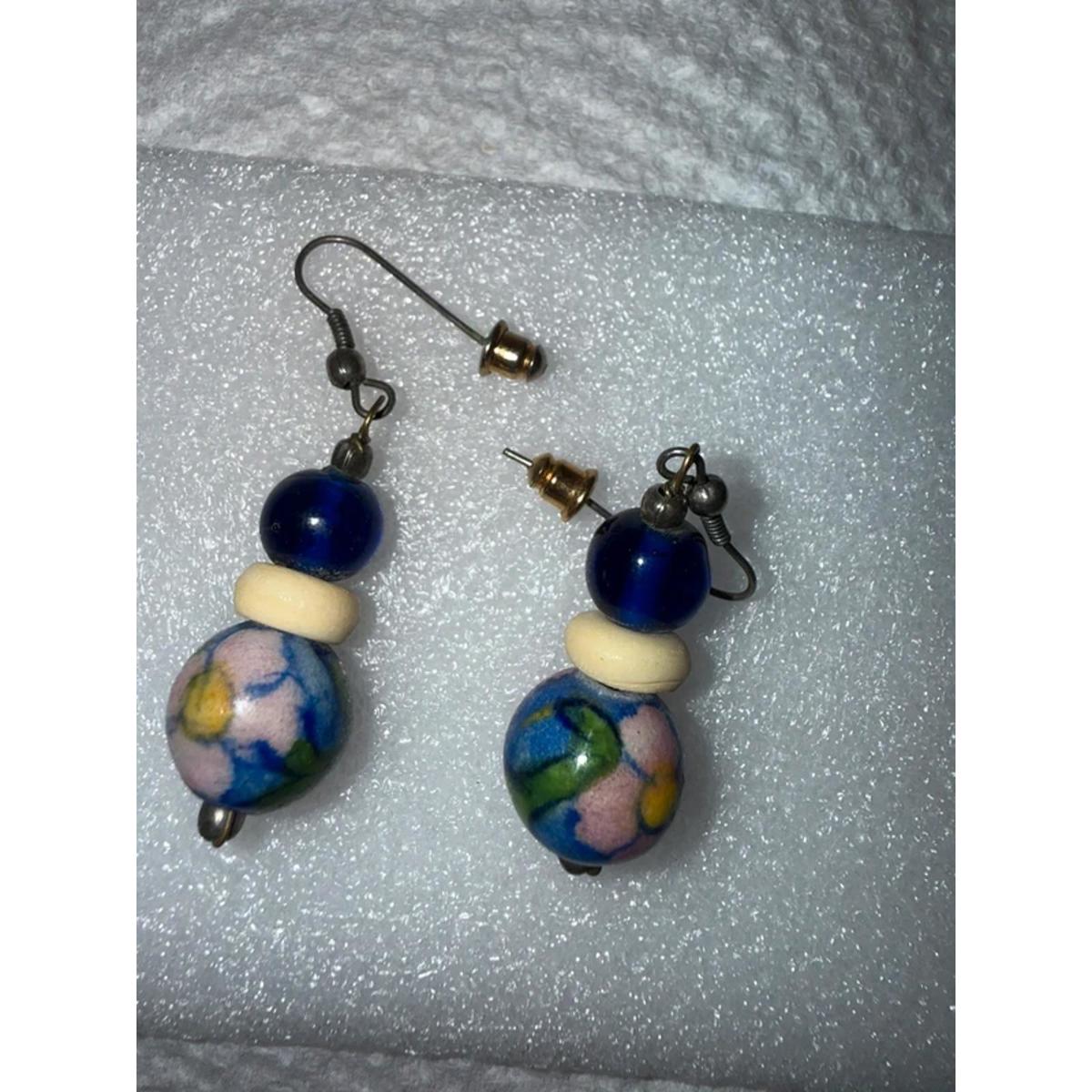 Boho Dangle Earrings Hand Painted Ceramic Bead Blue Glass Bead Earrings